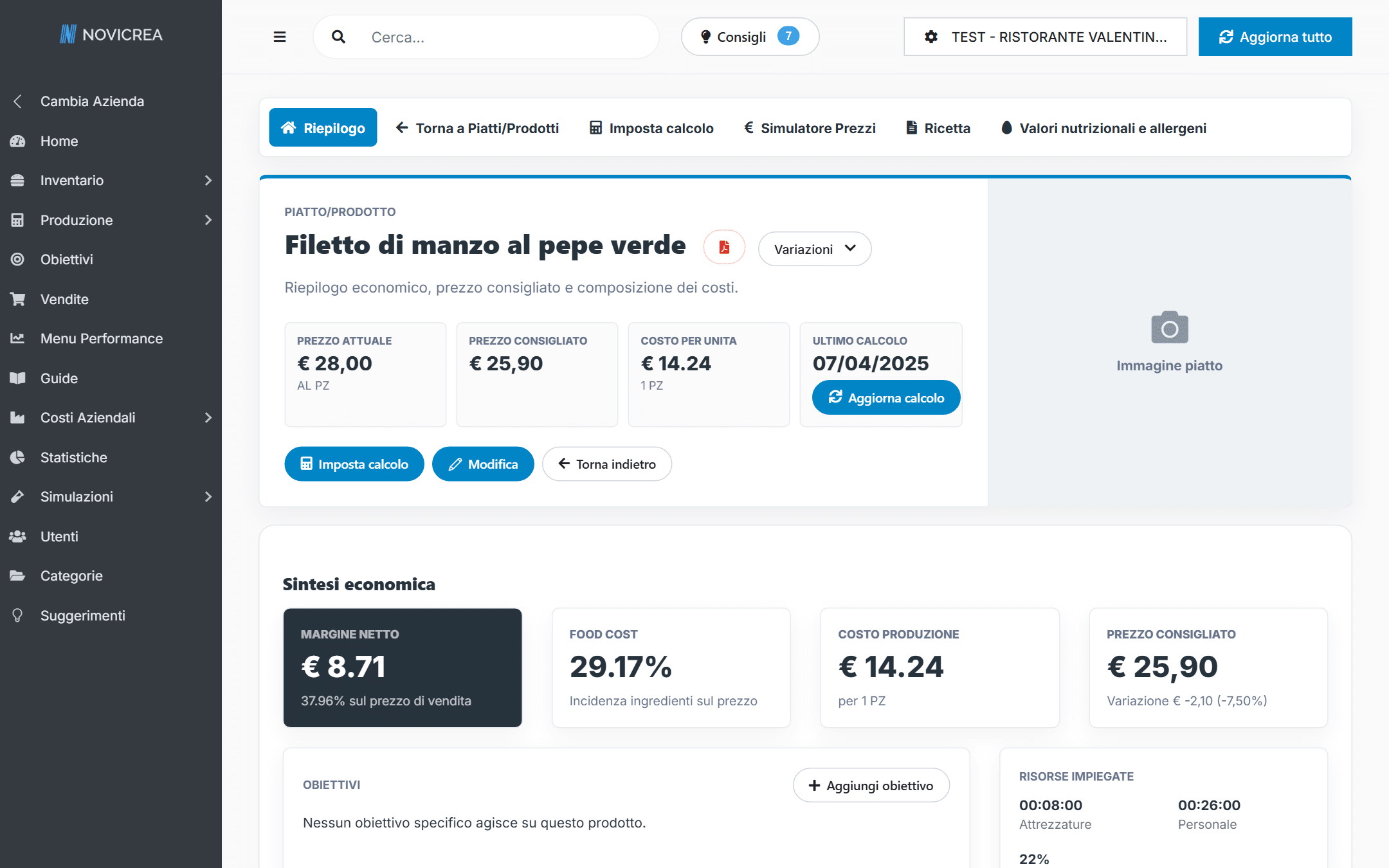 Schermata Novicrea con incidenza percentuale di materie prime, personale, costi di struttura e margine netto reale